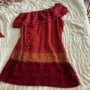 Xhilaration Dress One Shoulder Saffron Red Boho Ruffle Abstract Pattern - Large